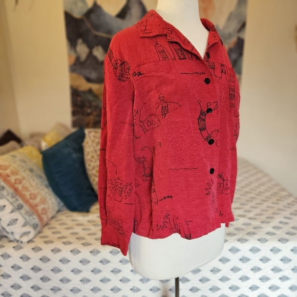 Chico’s M Silk-Linen Western Shirt Red Art Print Button-Up Blouse - Picture 4 of 8